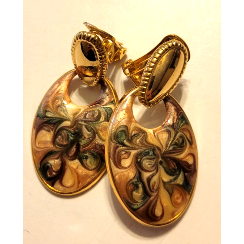 Vtg 80's Estate Earrings Gold Tone Oval Marbled Dangling Clip-On Fashion Jewelry
